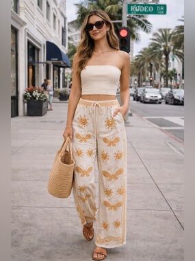 Diane von Furstenberg Gold Embroidered Butterfly Wide Leg Pants Ivory NWOT